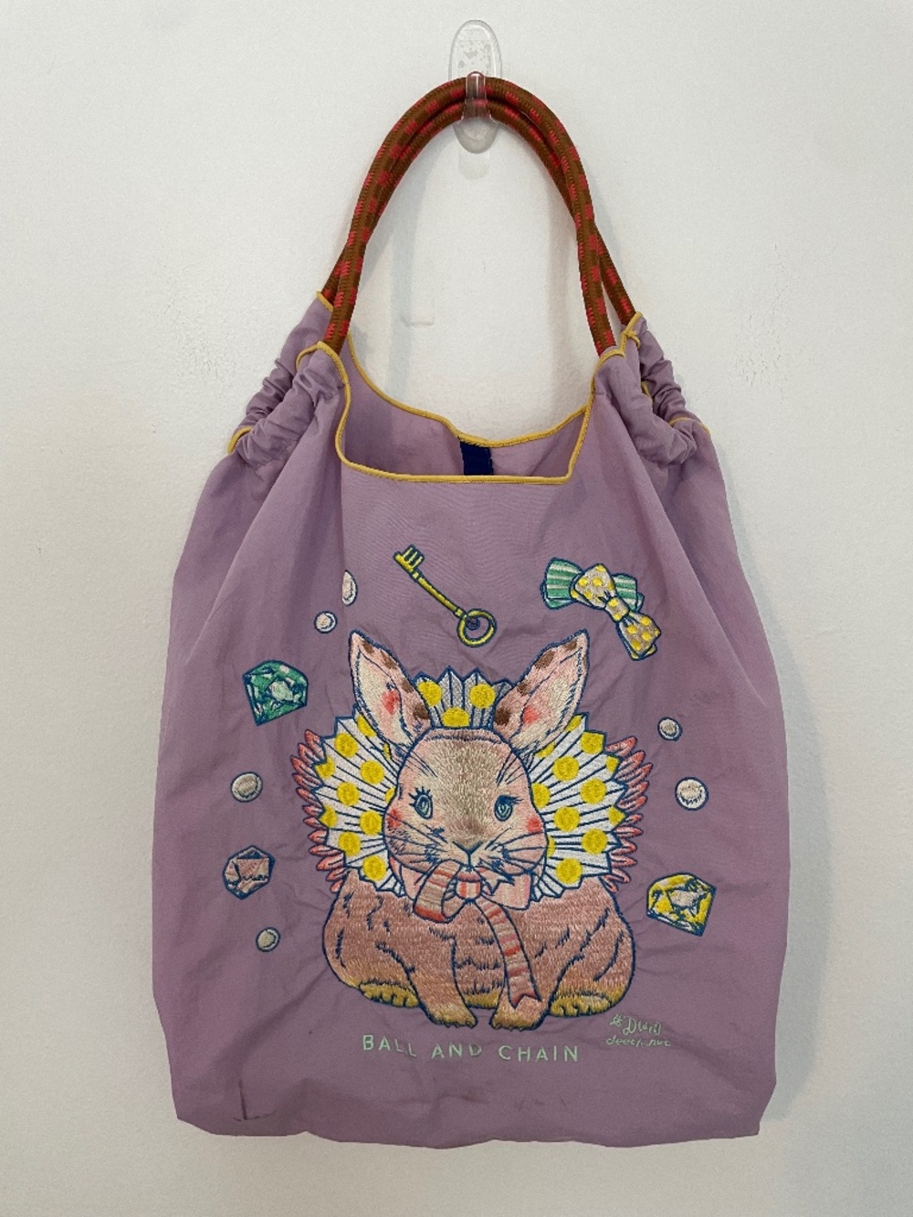 Ball & Chain Purple Tote Shoulder Bag, Embroidered Bunny Rabbit, Nylon Purse